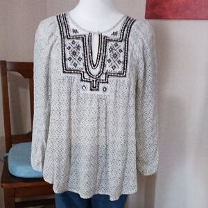 Lucky Brand Cream Blouse with Black Embroidery